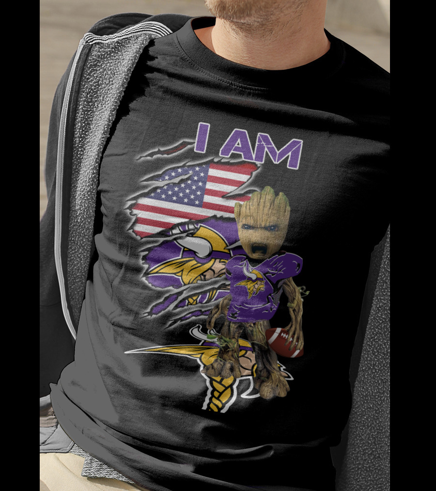 I AM Vikings Baby Groot American Flag Football T-Shirt
