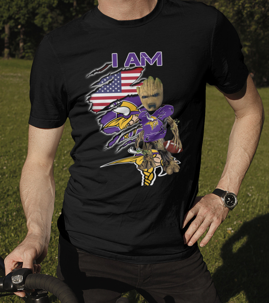 I AM Vikings Baby Groot American Flag Football T-Shirt