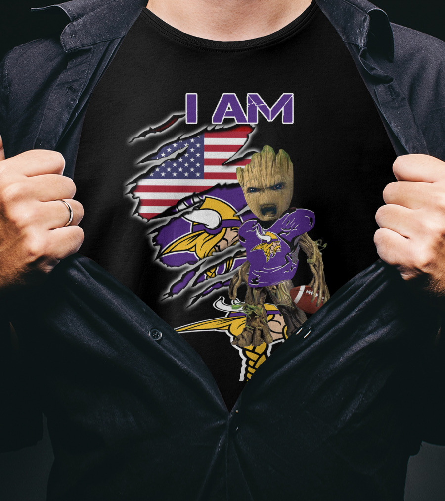 I AM Vikings Baby Groot American Flag Football T-Shirt