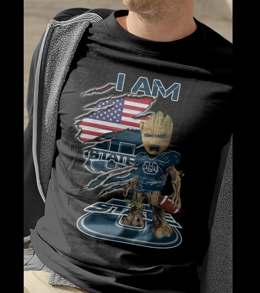 I AM Utah State Baby Groot Football American Flag T-Shirt
