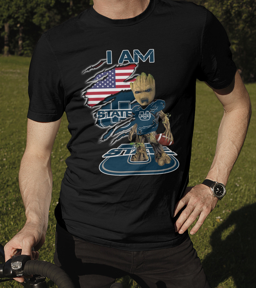 I AM Utah State Baby Groot Football American Flag T-Shirt