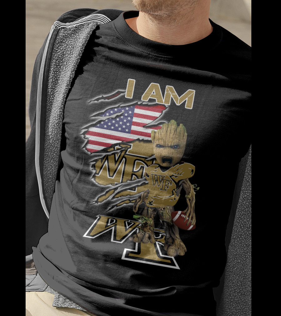 I Am Wf Wake Forest Baby Groot American Flag Football T-Shirt