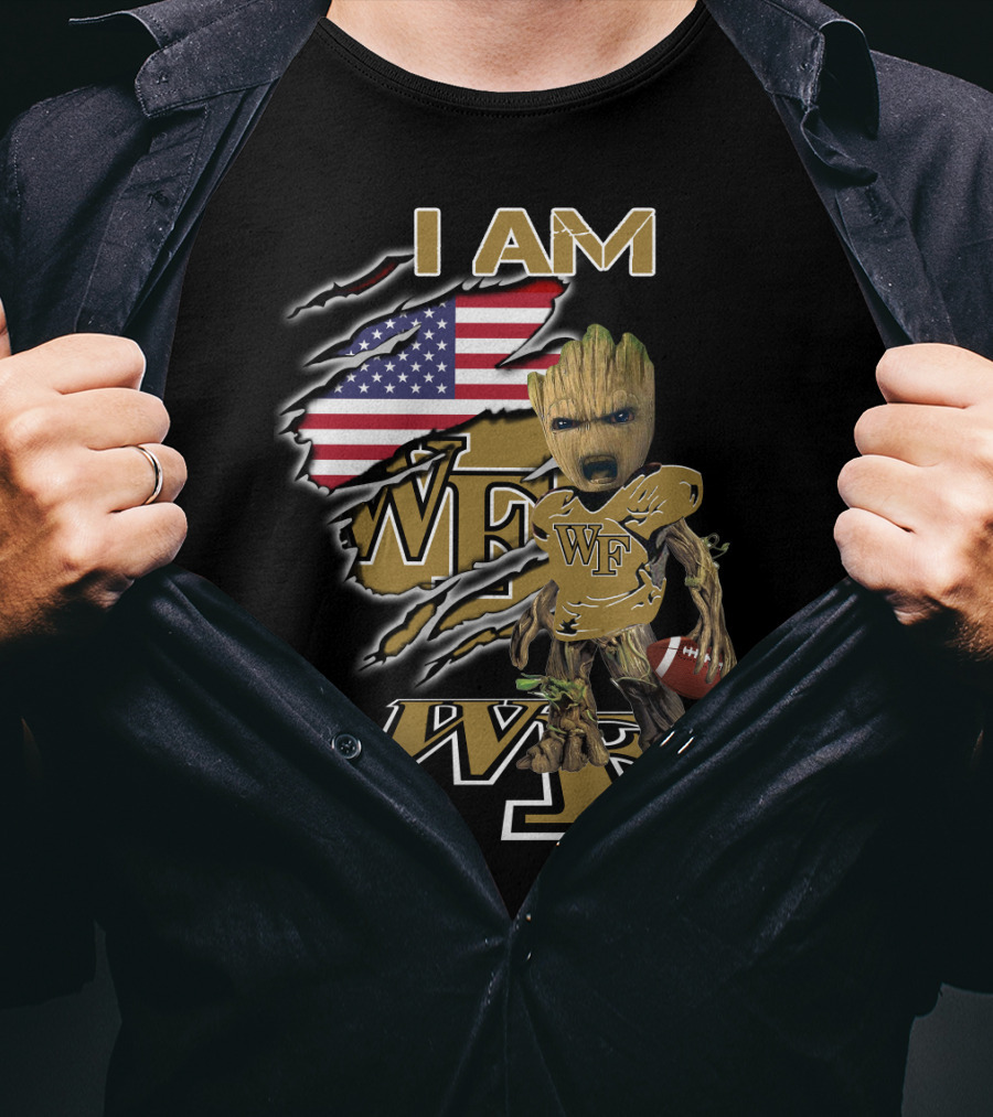 I Am Wf Wake Forest Baby Groot American Flag Football T-Shirt