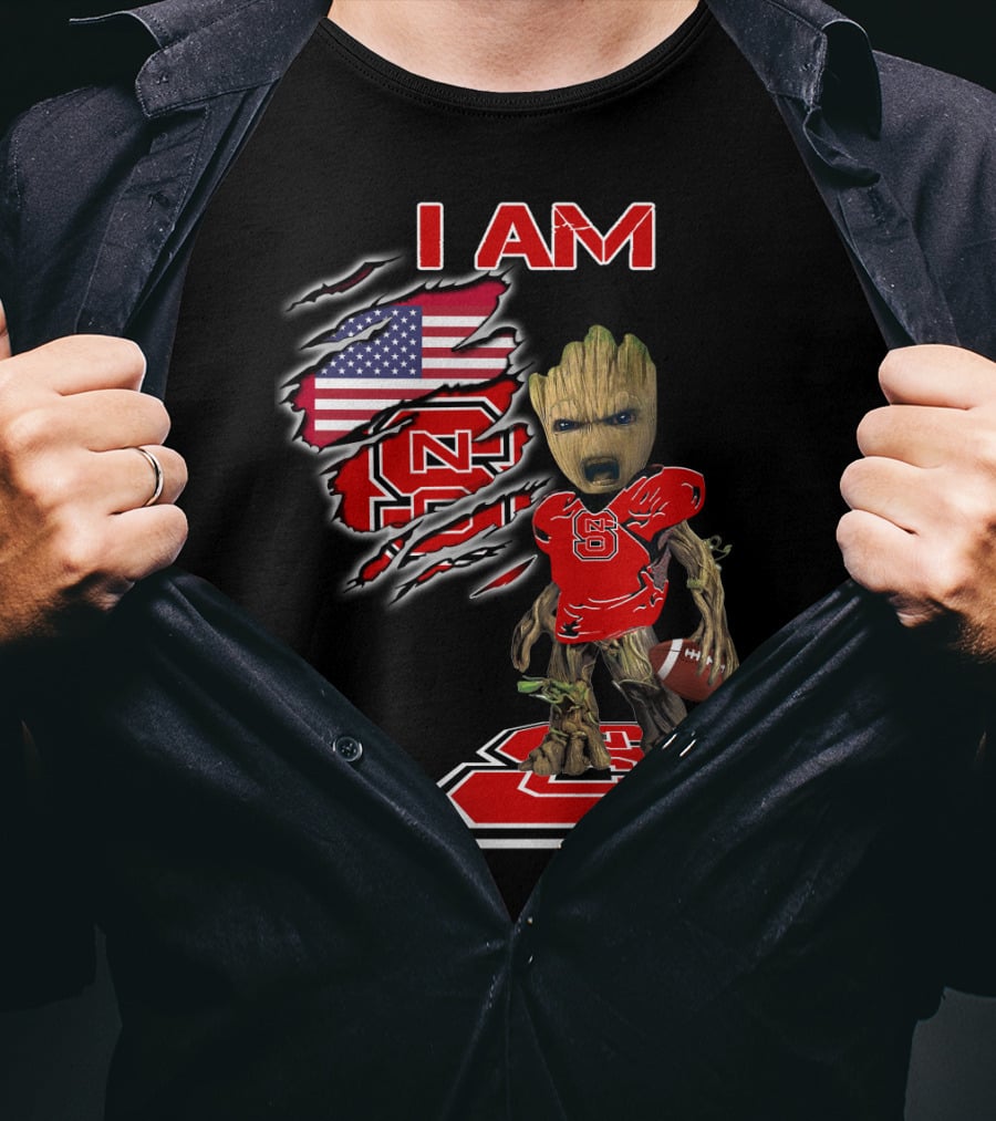 I Am Nc State Baby Groot Football American Flag Usa T-Shirt