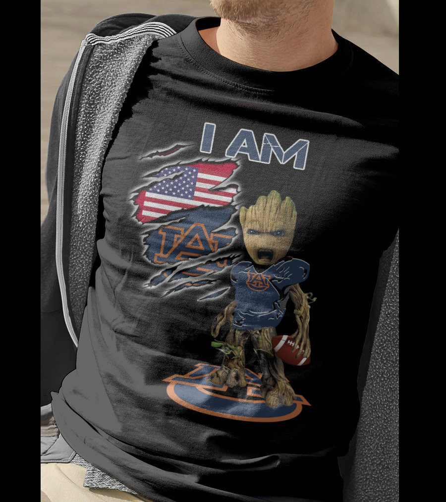 I Am Auburn Baby Groot Football USA Flag T-Shirt