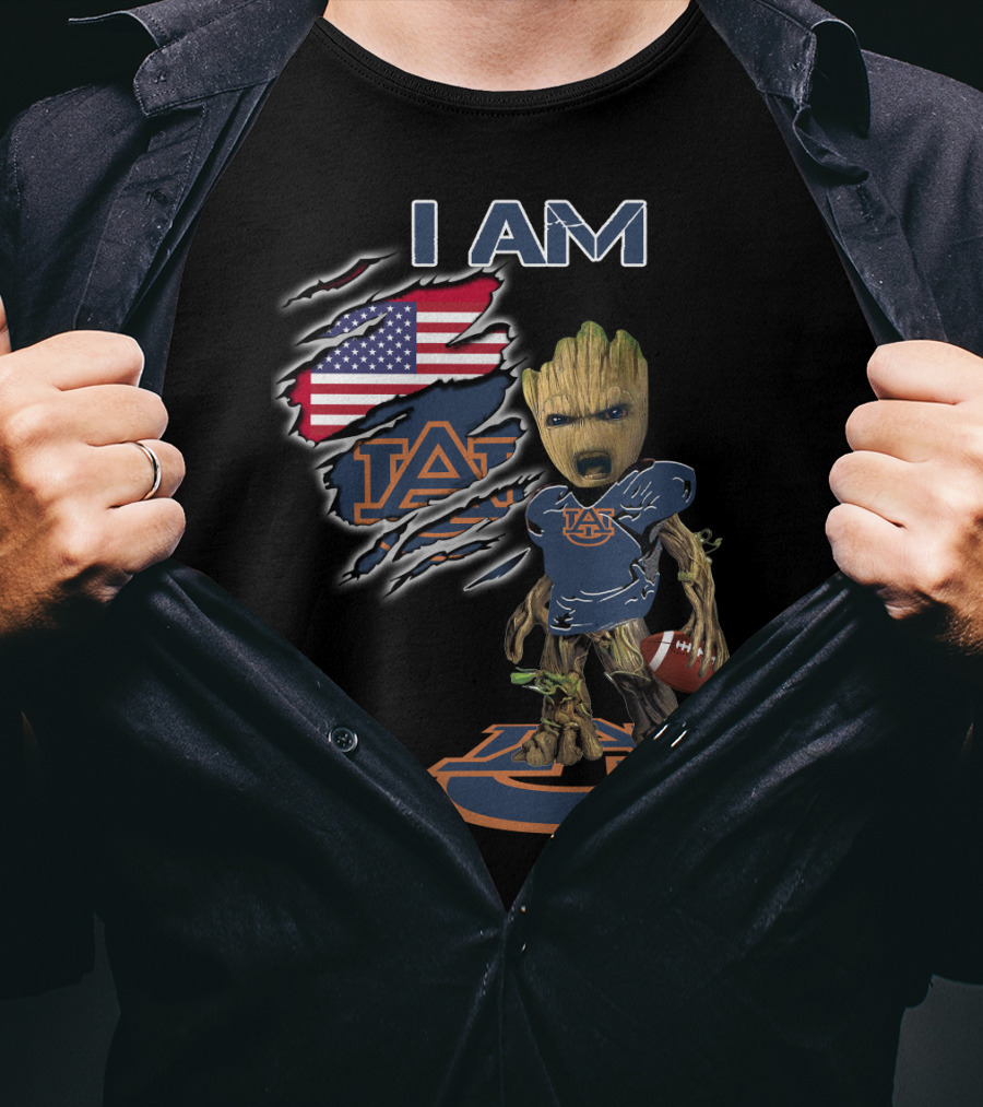 I Am Auburn Baby Groot Football USA Flag T-Shirt