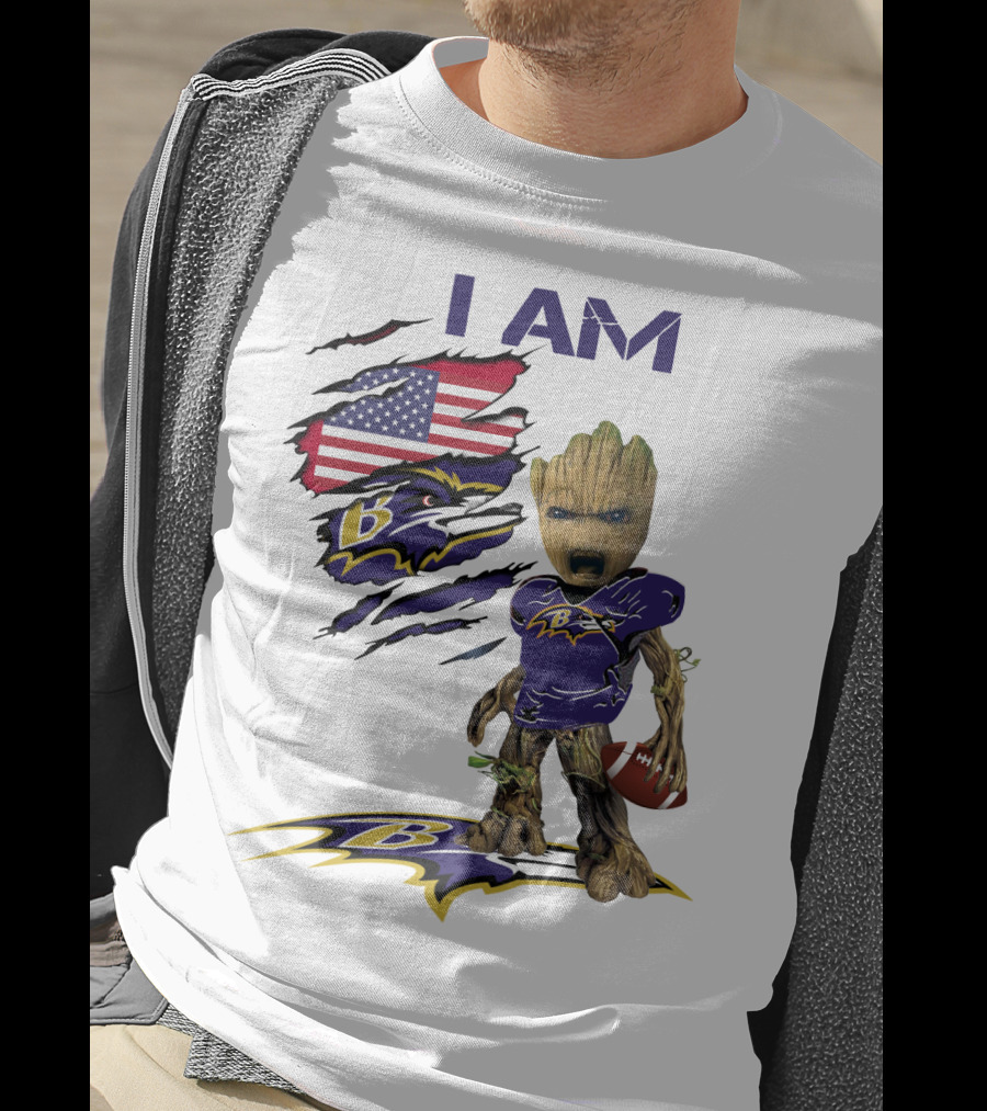 I Am Baby Groot Baltimore Ravens American Flag Football T-Shirt