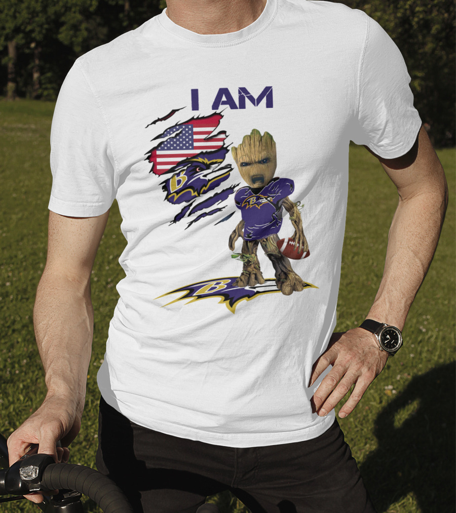 I Am Baby Groot Baltimore Ravens American Flag Football T-Shirt