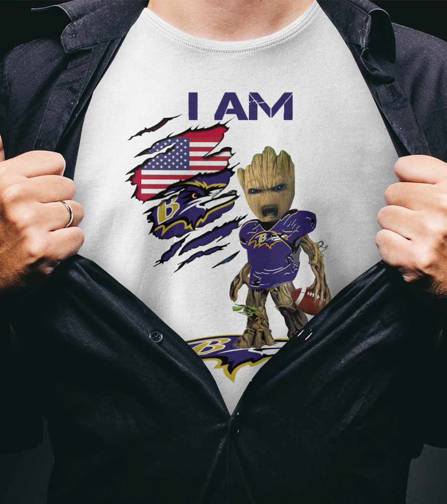 I Am Baby Groot Baltimore Ravens American Flag Football T-Shirt