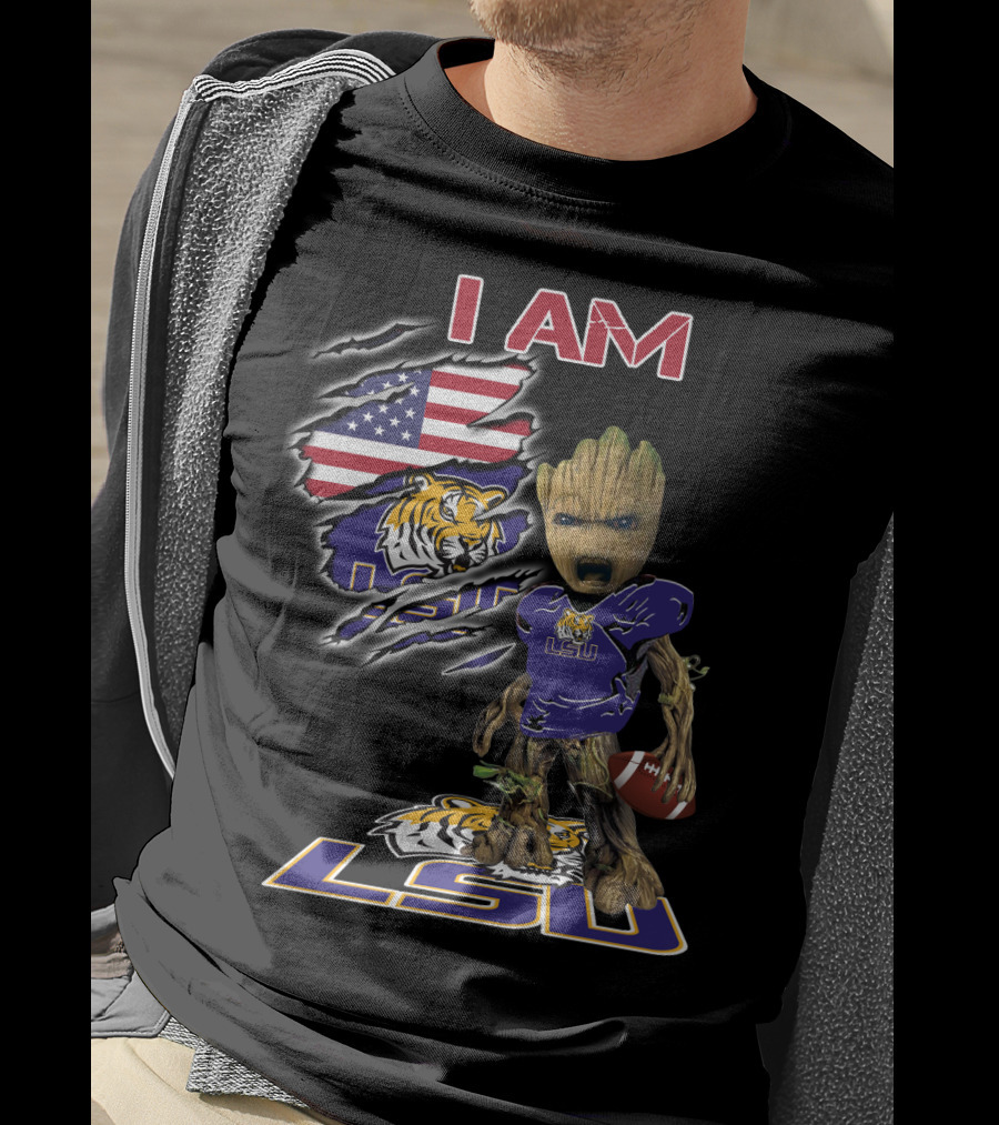 I AM LSU Baby Groot LSU Football Tigers American Flag T-Shirt