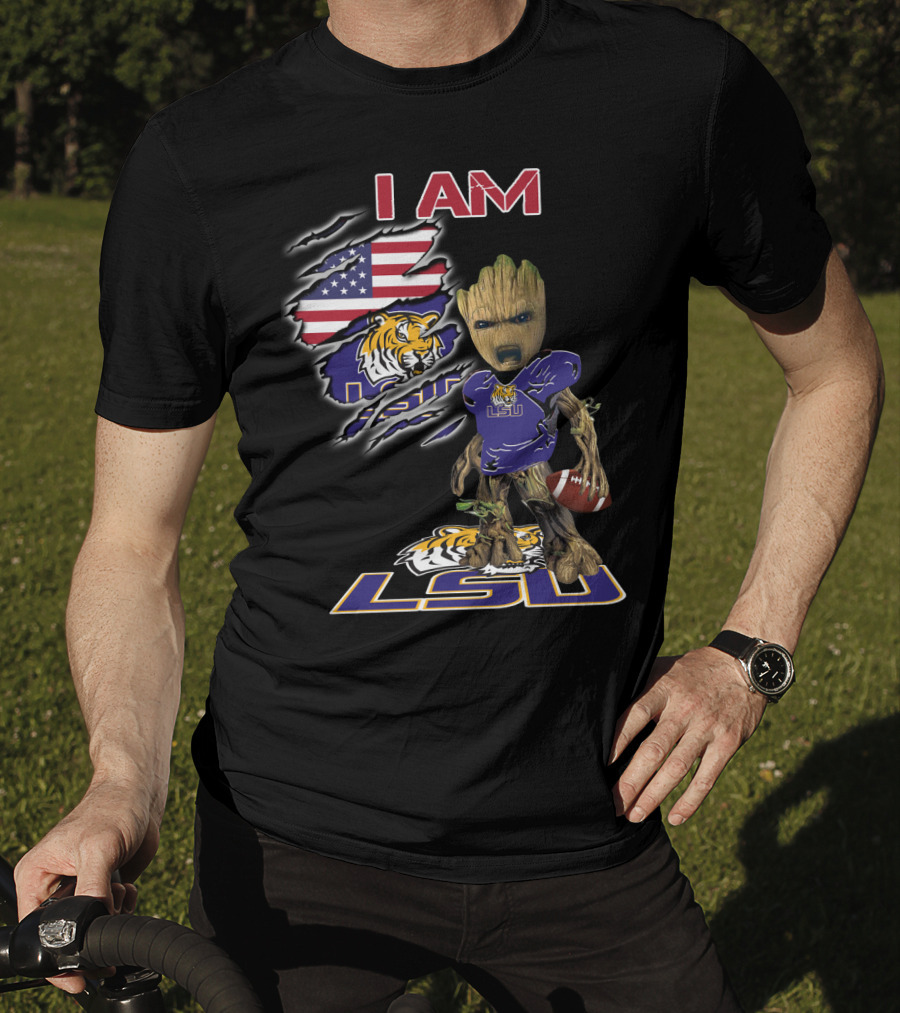 I AM LSU Baby Groot LSU Football Tigers American Flag T-Shirt