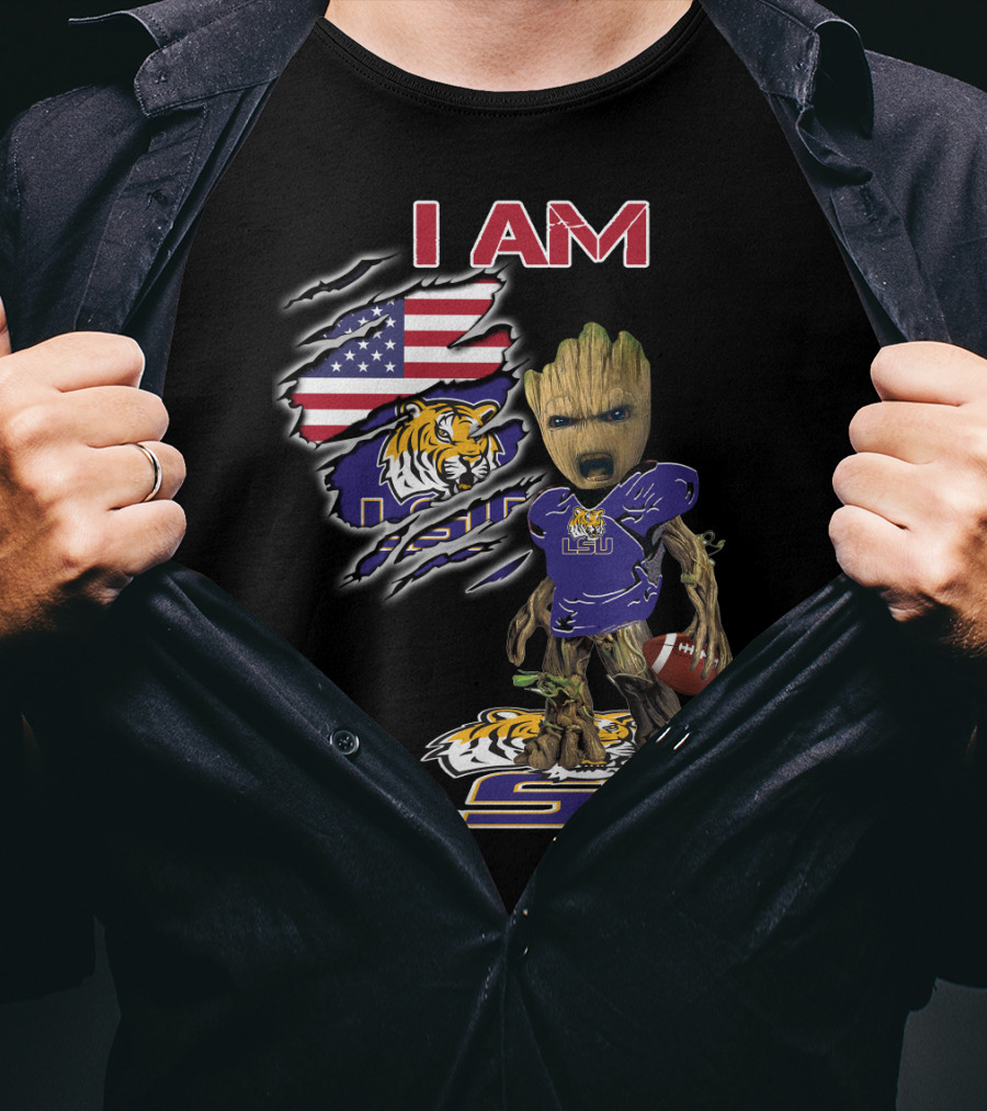 I AM LSU Baby Groot LSU Football Tigers American Flag T-Shirt