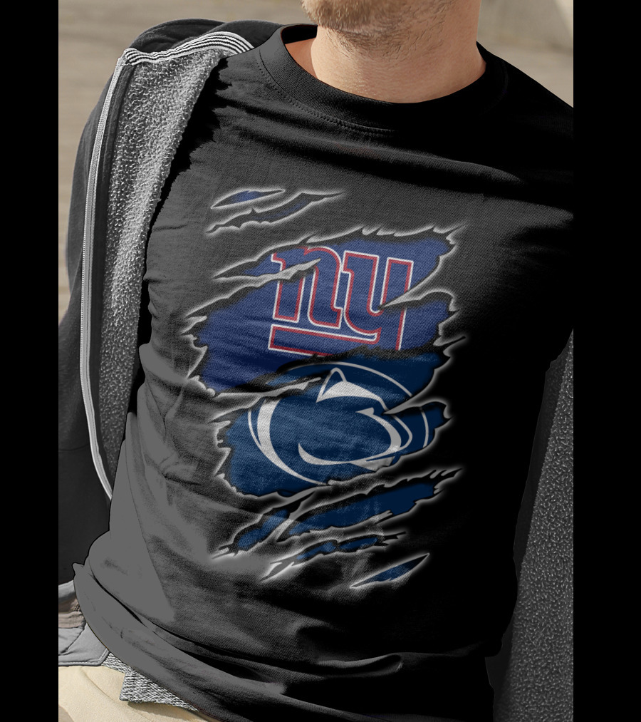 New York Giants Penn State Lions Torn Claw Marks Layered Logos T-Shirt