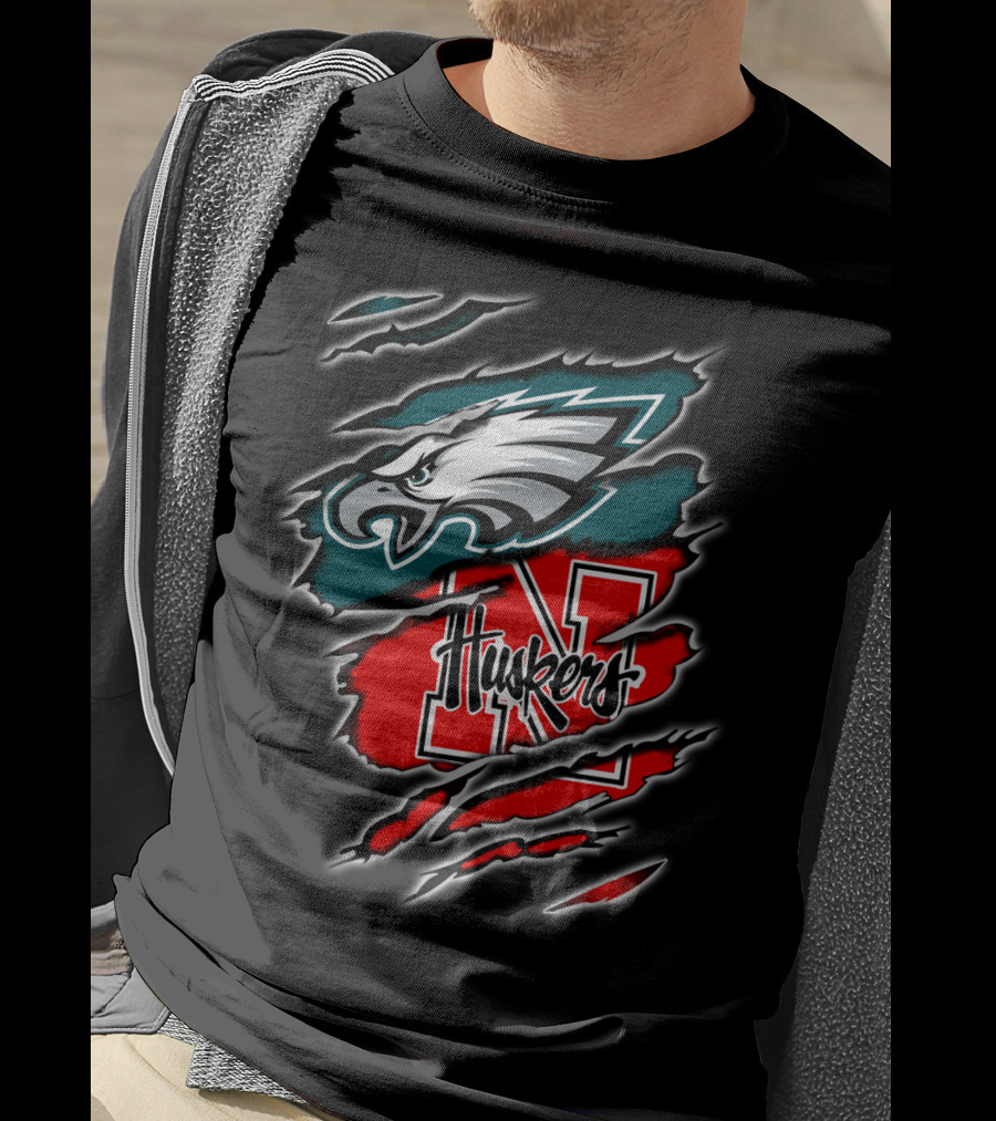 Philadelphia Eagles Nebraska Huskers Football Fan Logo Torn T-Shirt