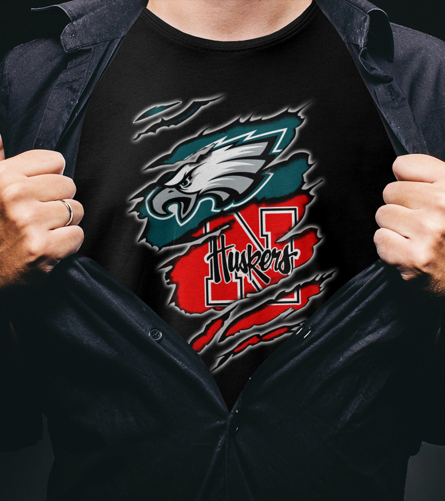 Philadelphia Eagles Nebraska Huskers Football Fan Logo Torn T-Shirt