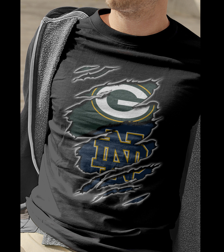 Packers G Green Bay Notre Dame Nd Blue Gold Logo Ripped Torn T-Shirt