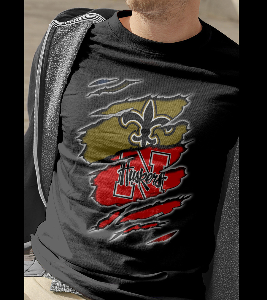 Huskers N Logo And Fleur-de-Lis Saints Logo Claw T-Shirt