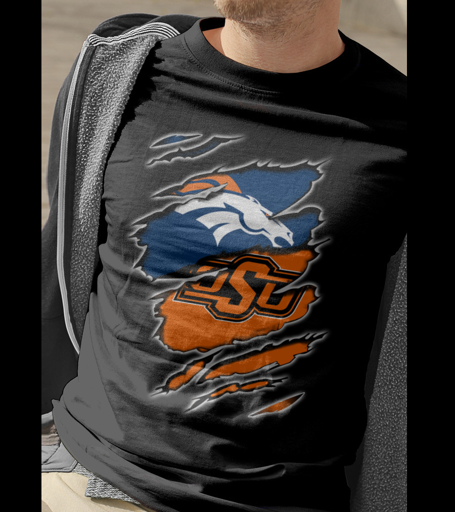 Denver Broncos Oklahoma State Osu Ripped Design Integration T-Shirt