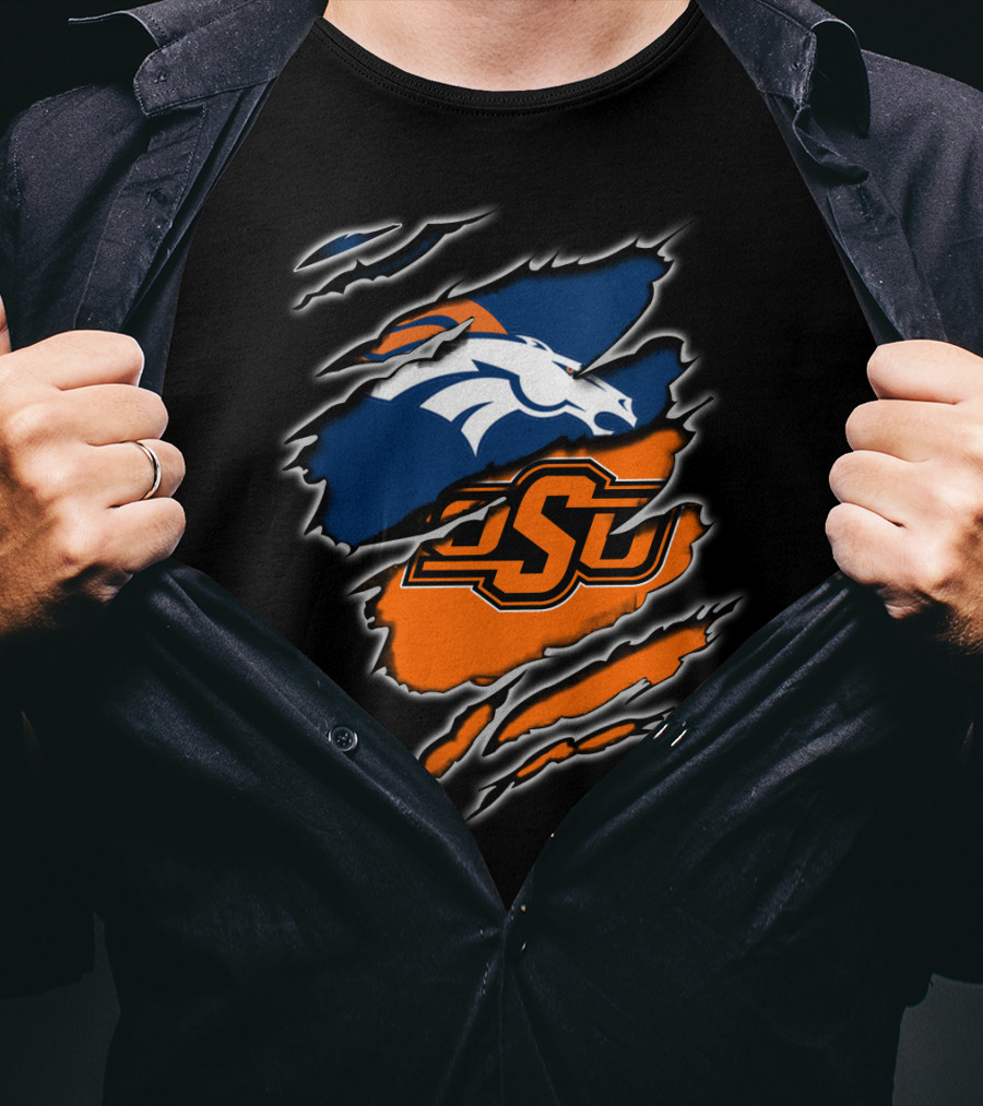 Denver Broncos Oklahoma State Osu Ripped Design Integration T-Shirt