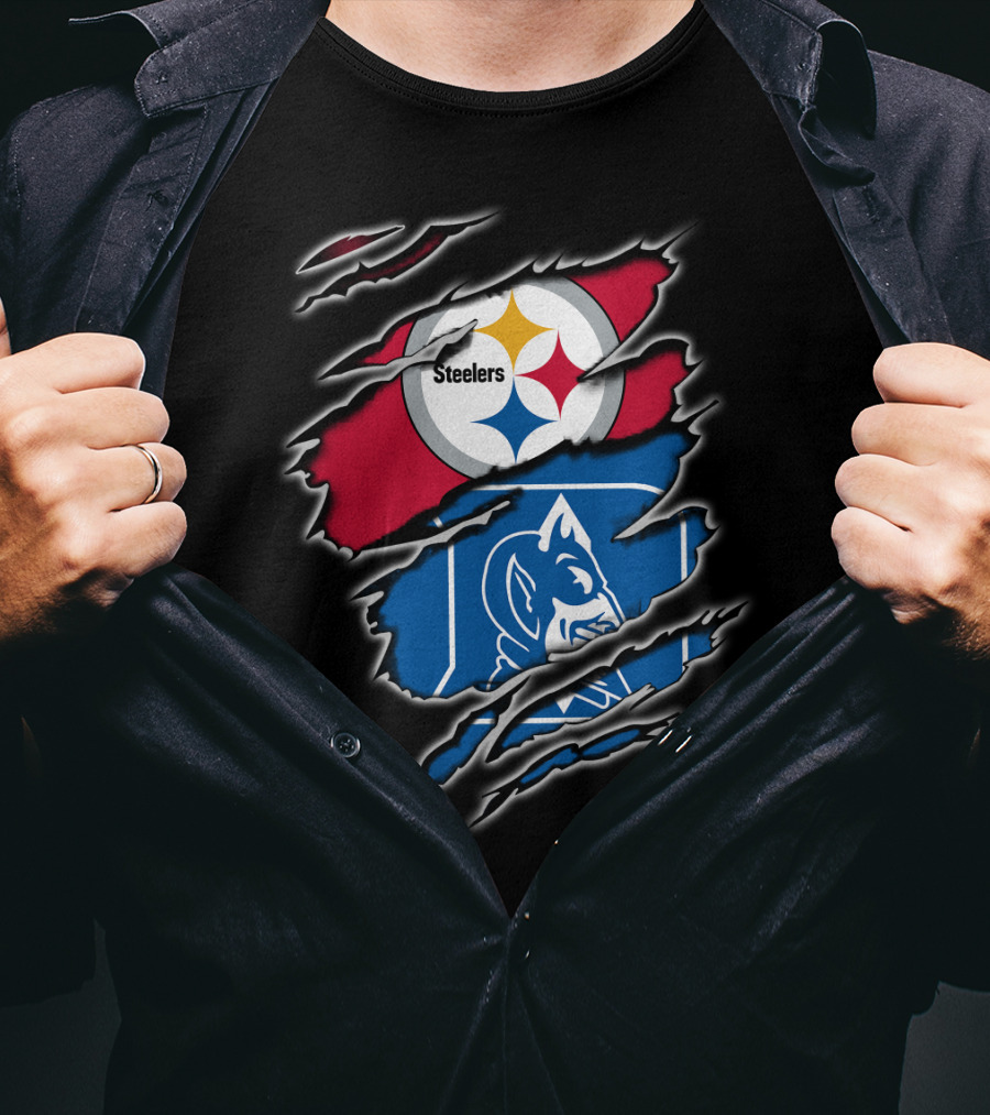 Steelers Duke Blue Devils Ripped Emblem Combination T-Shirt