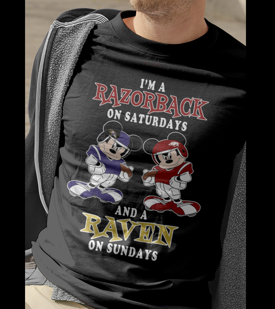 Razorback Saturdays Raven Sundays Mickey Football Characters T-Shirt