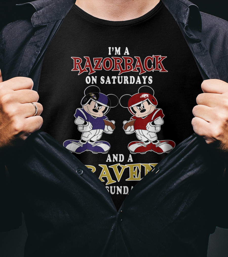 Razorback Saturdays Raven Sundays Mickey Football Characters T-Shirt