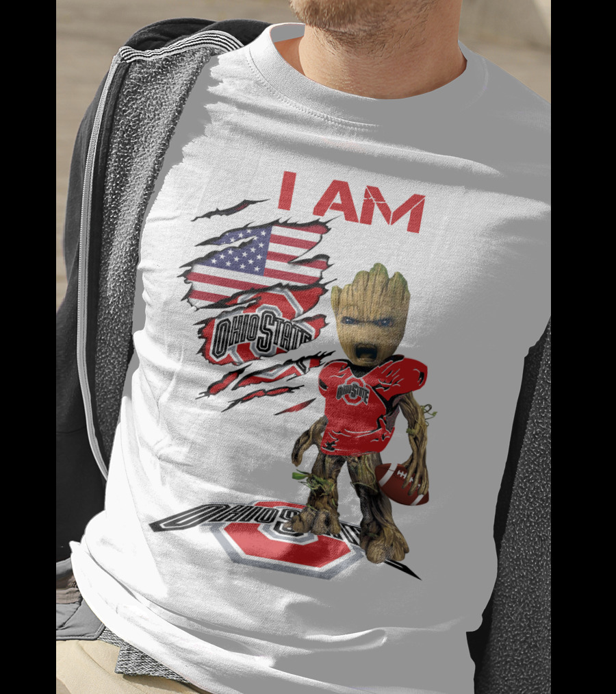 I Am Ohio State Baby Groot Football American Flag T-Shirt