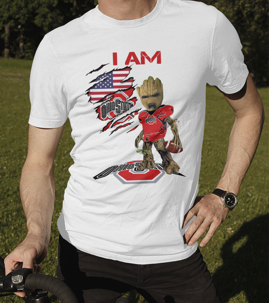 I Am Ohio State Baby Groot Football American Flag T-Shirt