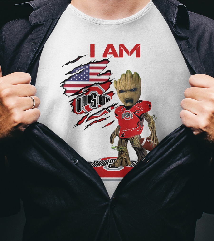 I Am Ohio State Baby Groot Football American Flag T-Shirt