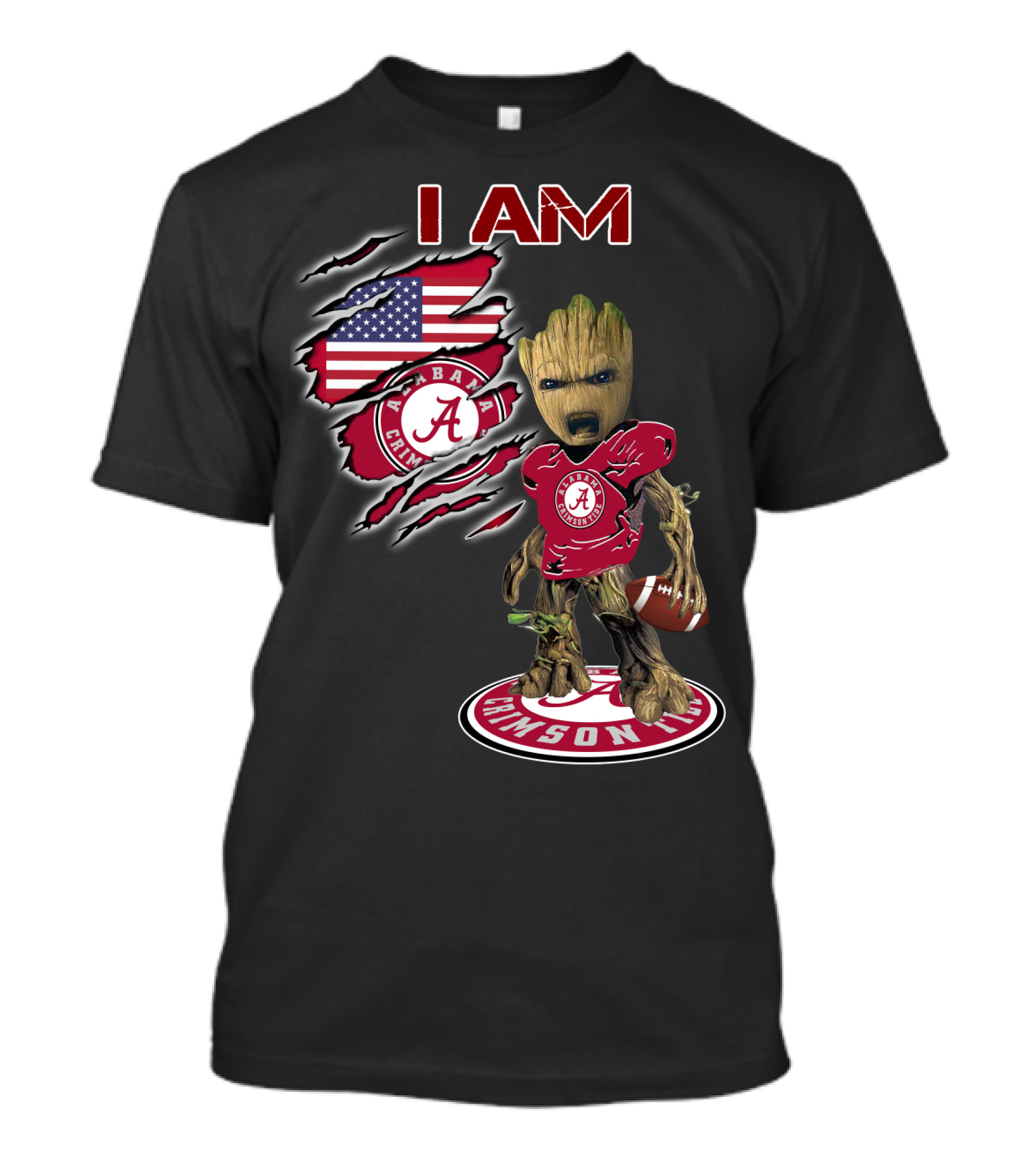I Am Alabama Crimson Tide Football Fan Groot American Flag T-Shirt