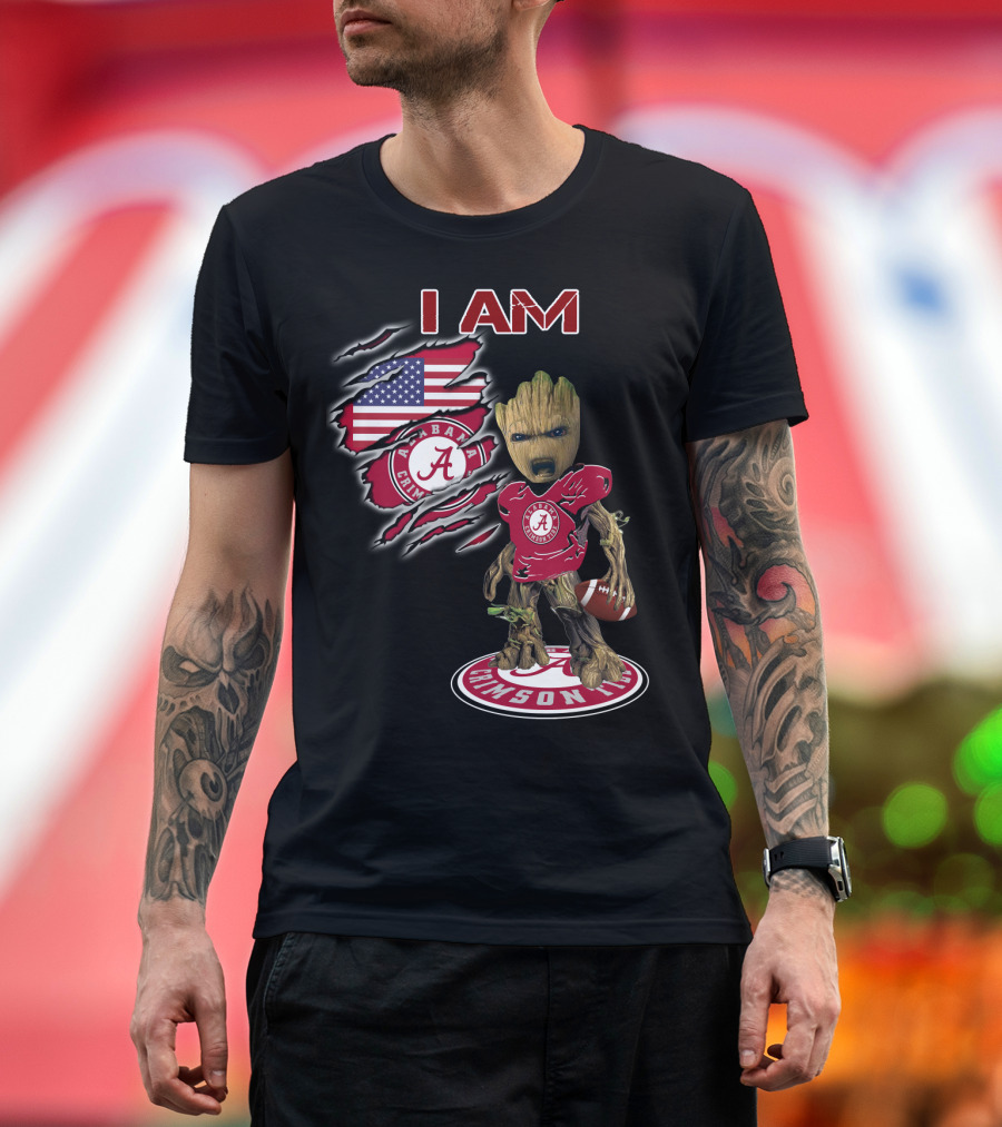I Am Alabama Crimson Tide Football Fan Groot American Flag T-Shirt