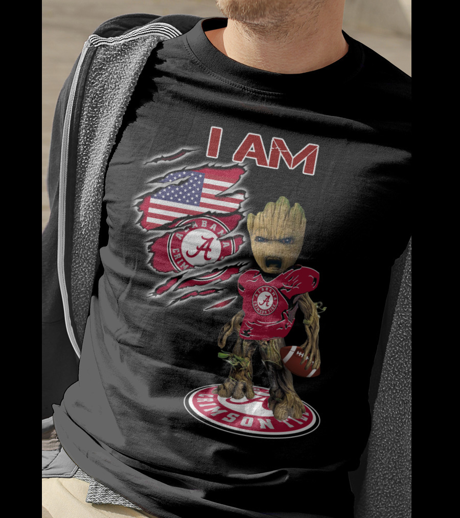 I Am Alabama Crimson Tide Football Fan Groot American Flag T-Shirt