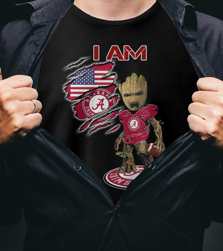 I Am Alabama Crimson Tide Football Fan Groot American Flag T-Shirt