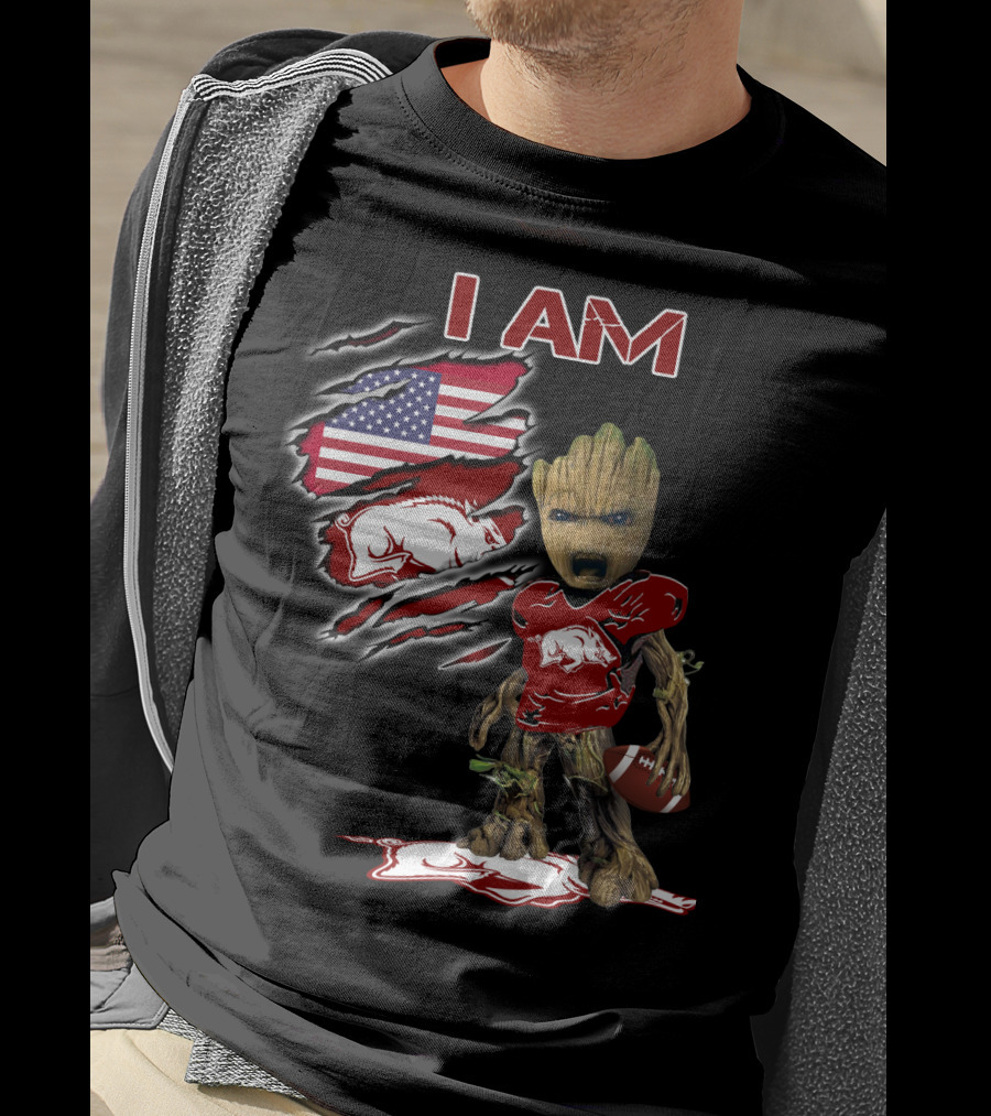 I Am Groot Arkansas Razorbacks Football Usa Flag T-Shirt