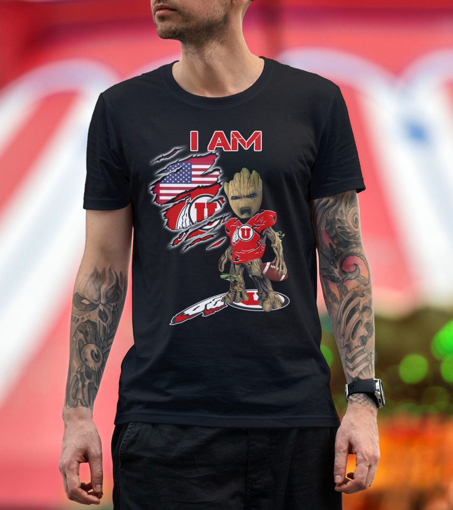 I Am U Utah Football Fan Groot American Flag T-Shirt