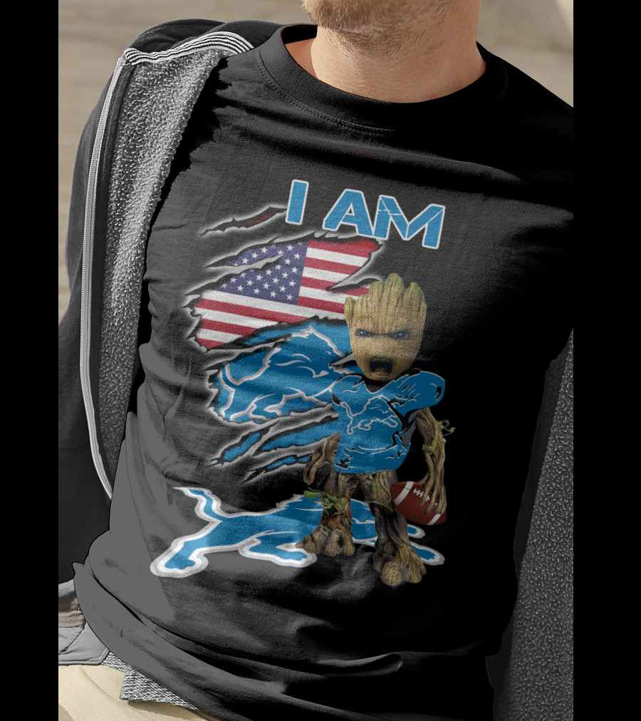 I Am Groot Detroit Lions Fan Football American Flag T-Shirt