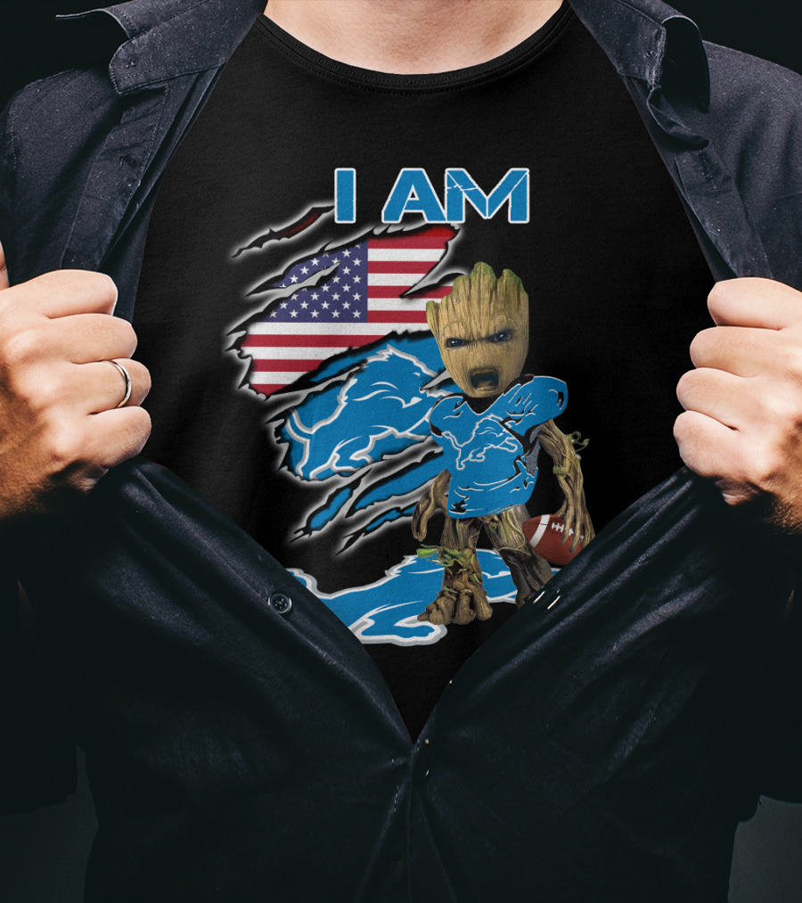 I Am Groot Detroit Lions Fan Football American Flag T-Shirt