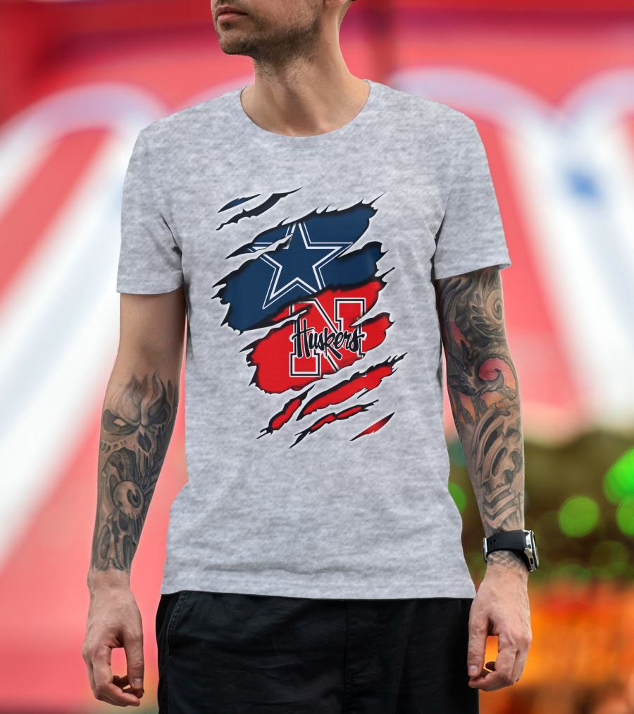 Cowboys Huskers Star Logo Red and Blue Tear T-Shirt