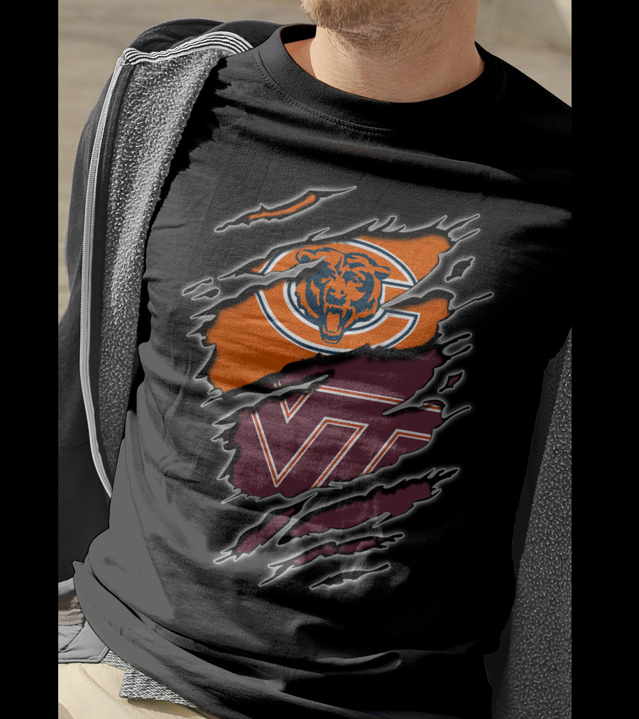 Chicago Bears And Virginia Tech Hokies Rip Claw Logo Fusion T-Shirt
