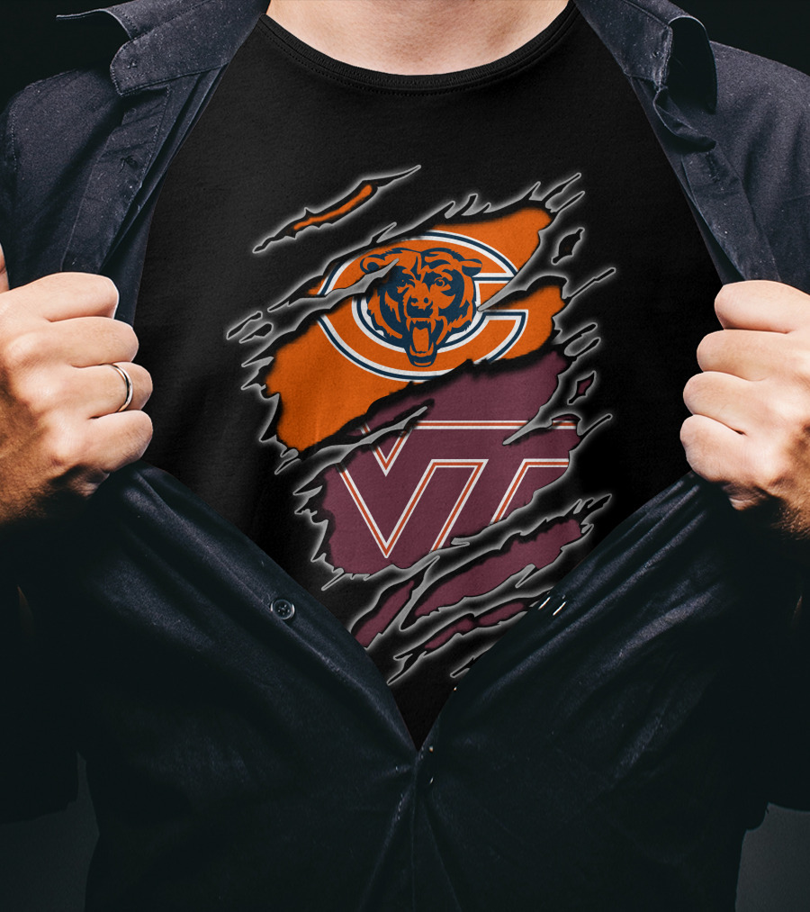 Chicago Bears And Virginia Tech Hokies Rip Claw Logo Fusion T-Shirt
