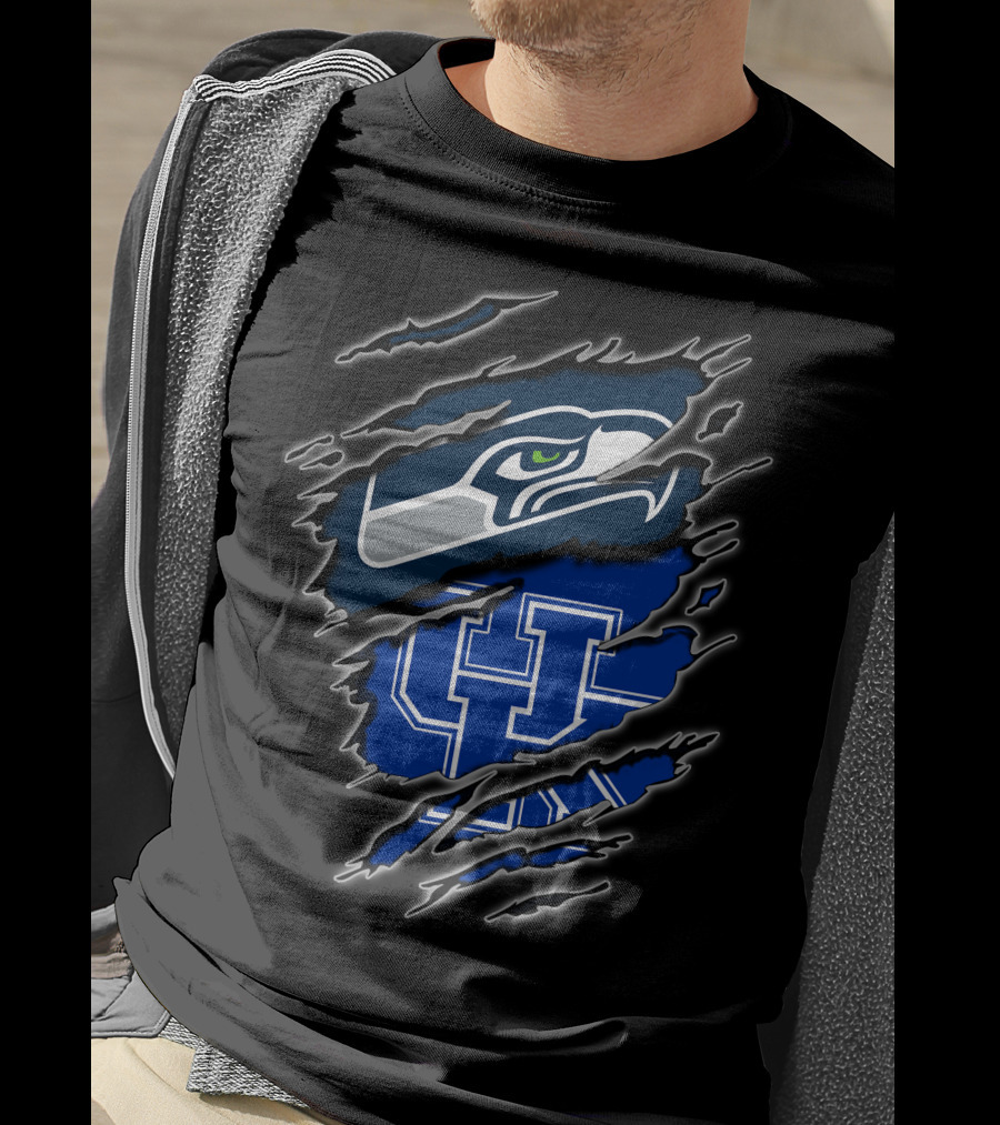 Seahawks Uk Blue Claw Mark Logo Ripped Effect T-Shirt