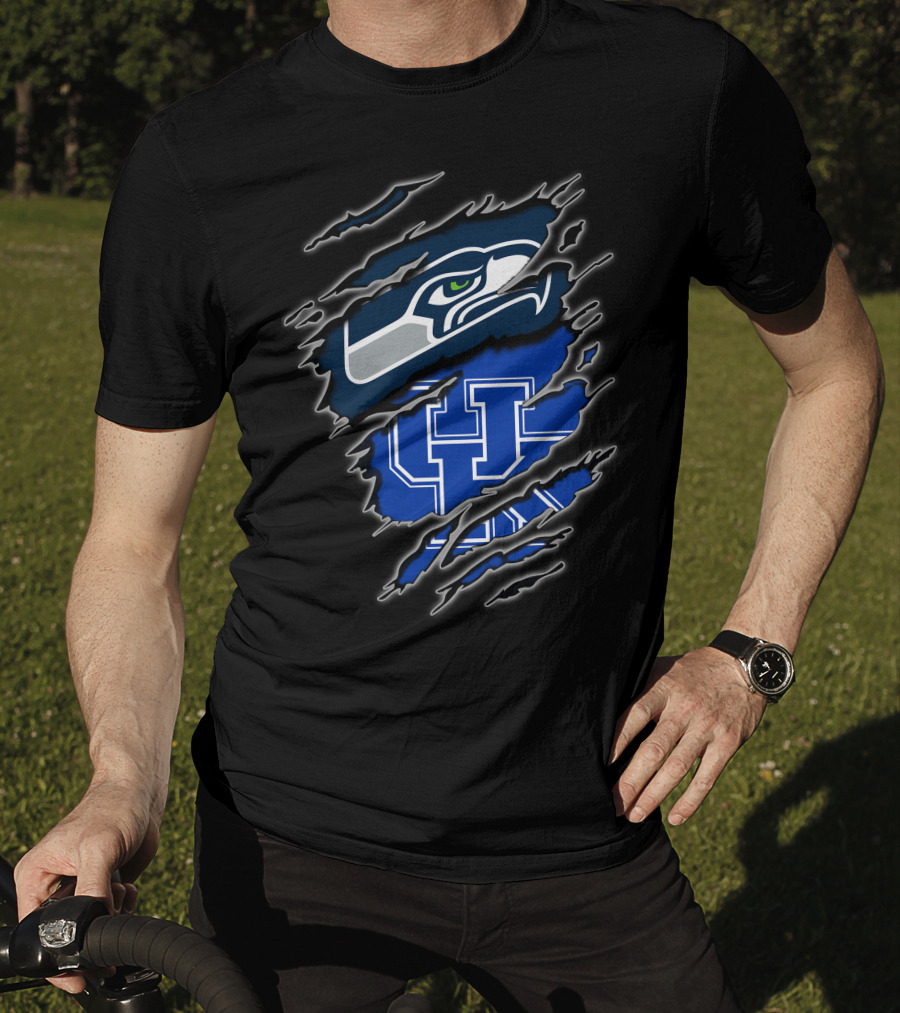 Seahawks Uk Blue Claw Mark Logo Ripped Effect T-Shirt