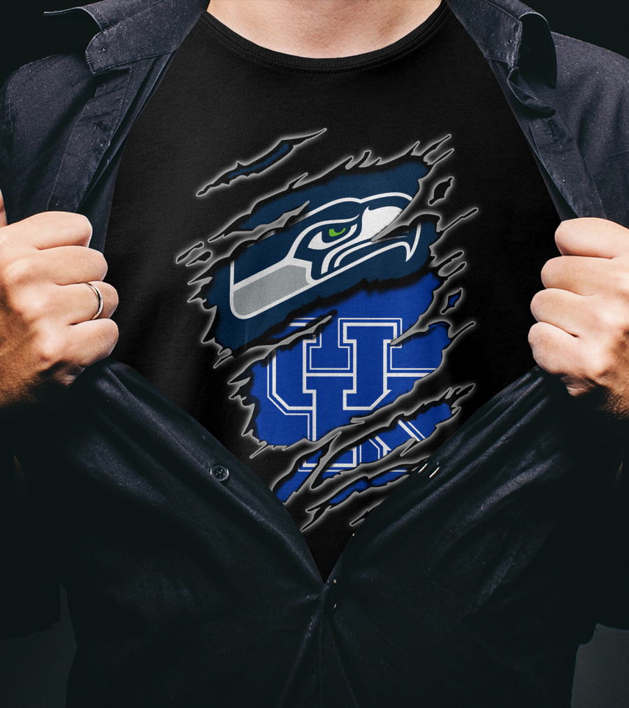 Seahawks Uk Blue Claw Mark Logo Ripped Effect T-Shirt