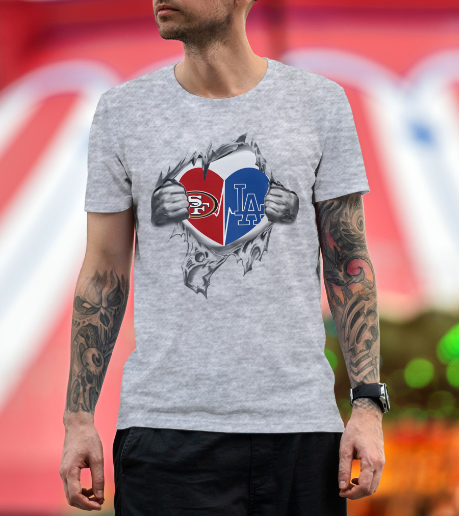 49ers La Dodgers Heart Logo Peeling T-Shirt