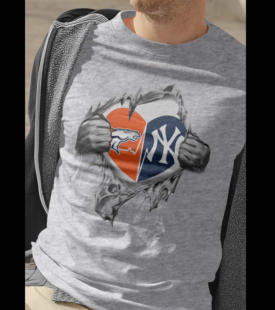Broncos And Yankees Heart Split Design With Iconic Logo Mesh Tear Elements T-Shirt