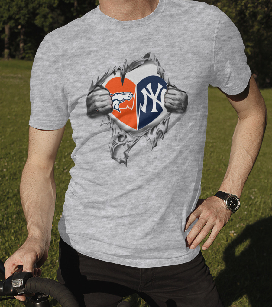 Broncos And Yankees Heart Split Design With Iconic Logo Mesh Tear Elements T-Shirt