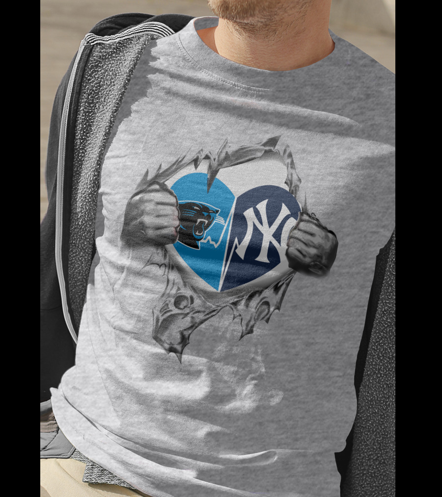 Carolina Panthers New York Yankees Heart Tear Mashup T-Shirt