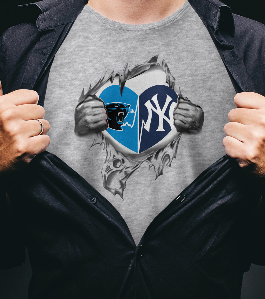 Carolina Panthers New York Yankees Heart Tear Mashup T-Shirt