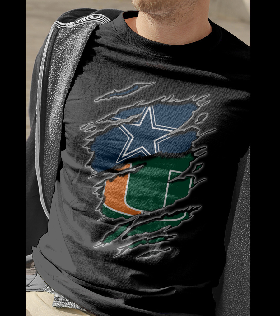 Dallas Cowboys Miami Hurricanes Logos Rip Through T-Shirt