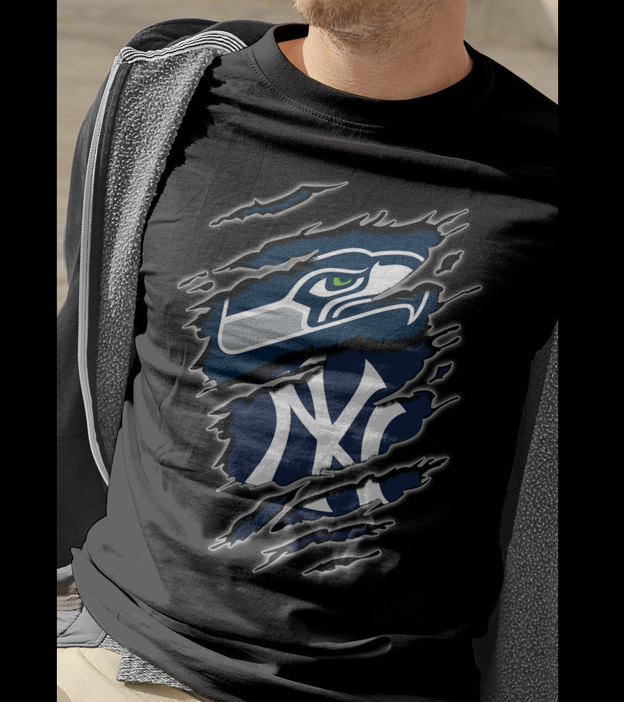 Seattle Seahawks New York Yankees Nfl Mlb Crossover Logo Fusion T-Shirt
